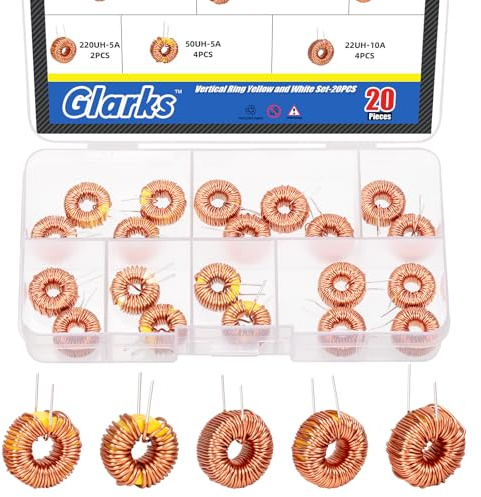 Glarks Lot de 20 inducteurs toroïdes de 5 tailles, 22UH-10A 50UH-5A 100UH-6A 220UH-5A 330UH-3A Bobine de cuivre d'inductance toroïdale, inducteur magnétique toroïde pour transformateurs DIY Circuit