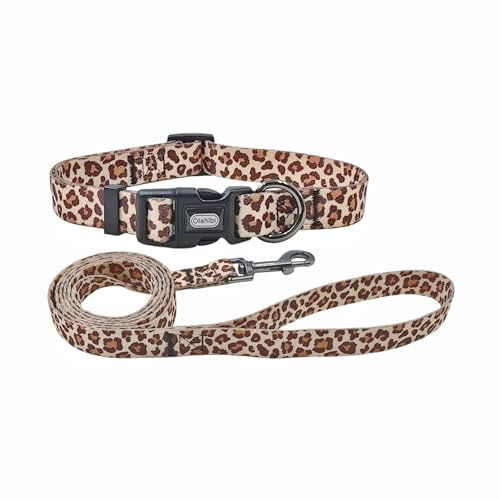Olahibi Hundehalsband und Leine Set, Leopard-Muster, Polyester-Material, 150 cm passende Leine, für kleine Welpenhunde. (XS, Hellbraunes Leopardenmuster)