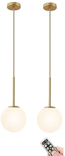 Illuminazione a Sospensione Wireless a Batteria con Lampadina Ricaricabile USB e Telecomando, Lampada a Sospensione di metà secolo Non cablata con Paralume in Vetro Bianco, per Isola Cucina Tavolo d