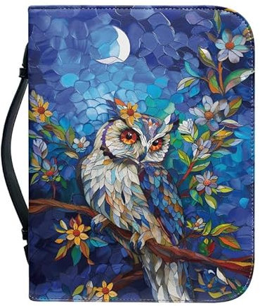Kuiaobaty Moon Night Owl Buchhülle Tasche mit Griff Baum Eule Vögel Bibeltragetasche mit Griff, blaue Buchtasche Buchtasche für Mädchen, Frauen, Teenager, Mädchen