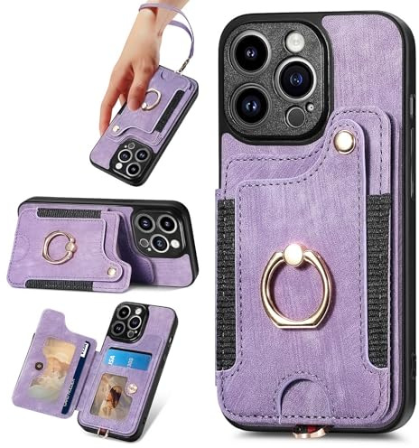 Wuhaizher for iPhone 16 Pro Case RFID Blocking with Ring Holder 360 Degree Rotation Stand Phone Wallet Case for Men Women Girls with 5 Card Holder Shockproof Cover for iPhone 16 Pro, Purple