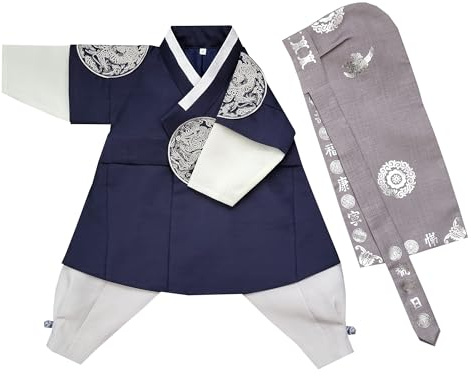 Korean Traditional Baby Boy Hanbok Dark Navy 100 days-10 years Dol First Birthday Party Baikil Party GBH034 (hanbok + hat, 100th days (baikil))