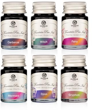Octopus Fluids Sheen-Füllhaltertinte Set 2, 6 x 10 ml | Zweifarbige Glanzeffekte ohne Glitzerpartikel, sichtbar auf glattem, wenig saugendem Papier und mit breiter Feder