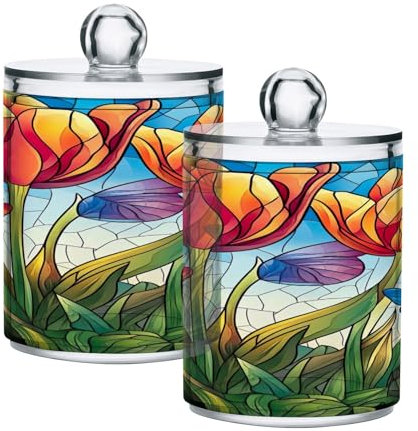 GAIREG Glasmalerei-Halter mit Tulpenmuster, Qtip Spender, Badezimmer, Apothekergläser, 2 Stück