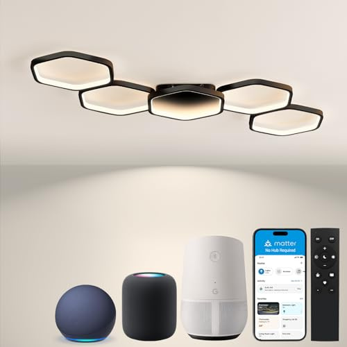 Yuanfenghua Matter Smart LED Deckenleuchte,Deckenleuchten Work with Alexa,HomeKit,GoogleHome and IFTTT,48W 3000-6500K Deckenlampe mit Fernbedienung für Schlafzimmer,Wohnzimmer,90cm,Schwarz