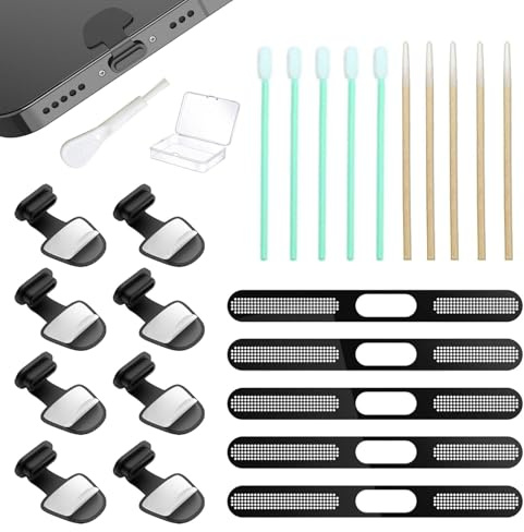 BelleVive 8 Piezas Tapones Protectores de Polvo, Accesorios para Teléfono para iPhone 16 15 Plus/Pro MAX, Tapas USB-C, Limpiador de Puertos USB-C, Cubierta de Altavoz de Teléfono, con Kit de
