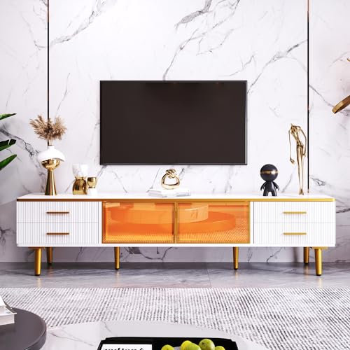 LONELYO TV-Lowboard mit goldenen Füßen – Sideboard im Marmor-Stil, 4 Schubladen mit gewellter Vorderseite und 2 Türen aus Hartglas – funktionale und elegante Aufbewahrung für Wohnzimmer (170 x 37 x