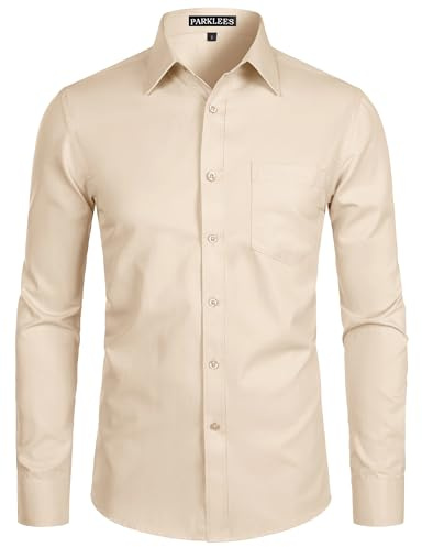 PARKLEES Camisa de vestir de manga larga para hombre, lisa, ajustada, casual, de negocios, formal, con botones, con bolsillo, beige, M