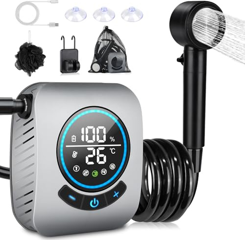 Spopal Douche Camping,Douche Portable,Kit Douche de Camping,Pompe de Douche Électrique Rechargeable,avec Afficheur Intelligent et Pomme de Douche 4 Modes pour Extérieure,Camping,Animaux