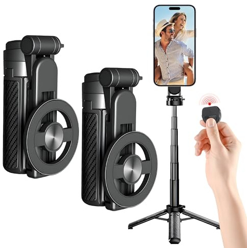 Perche à selfie magnétique multifonction 4 en 1, trépied de téléphone rotatif à 360° avec télécommande sans fil, support de téléphone portable pour enregistrement vidéo, vlogging (2 pièces)