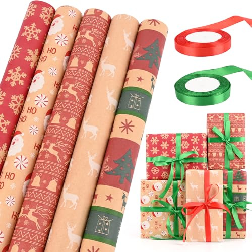 HOMIKLSA 5 rullar presentpapper jul, presentpapper barn (43 cm x 300 cm) med röda och gröna julband och dubbelsidig tejp för pojkar flickor, jul, gästpresenter