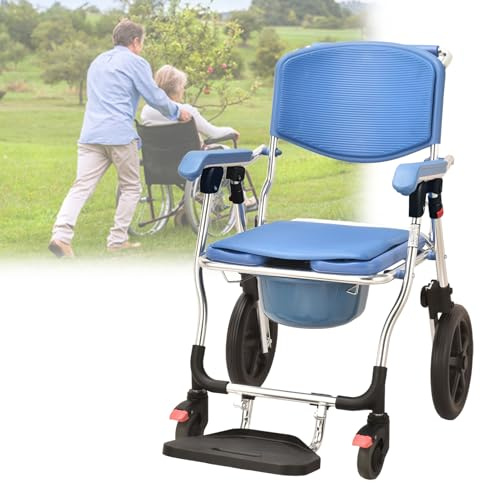 Toilettenstuhl Mit Rollen Für Senioren, Fahrbar Duschstuhl Mit Armlehnen Und Weicher Sitzfläche, Toilettenrollstuhl Klappbar Mit Bremse, Dusch Toilettenstuhl Fahrbar Mit Urineimer (Blue, A)