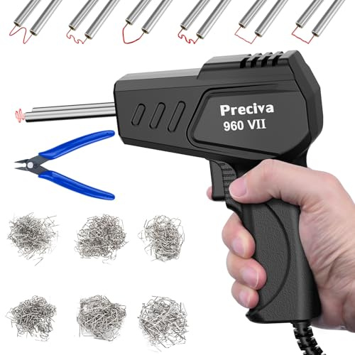 Preciva Plastic Welding Machine Kit - 50W Car Bumper Repair Welder with 600pcs Hot Staples for Kayak/Canoe/Plastic Crack, 3s Instant Heating, Brass Heating Core with Double Led Light