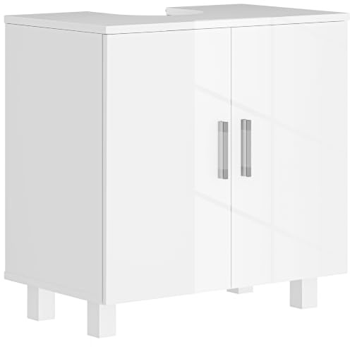 HOMCOM Under Sink Bathroom Cabinet, Freestanding High Gloss Under Sink Cabinet with Shelves and 2 Doors for Basin without or with Pedestal, 60 x 35 x 60 cm, White