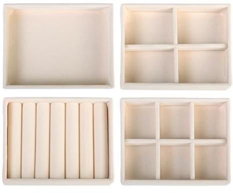 Kaiyzo 4 Pièces Rangement Bijoux, Plateau Bijouxes, Organisateur Tiroir, Petit Plateau Empilables, pour Ranger et Présenter Boucles D'oreilles, Bagues, Colliers, Bracelets (Beige)