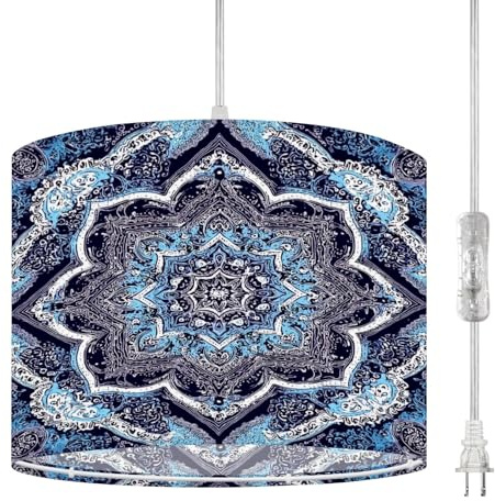 Plug in Pendant Light Indian Rug Tribal Ornament Aztec Towel Yoga mat Henna Tattoo Style Can Hanging Lamp with Clear Cord Fabric Shade Dimmable Switch for Bedroom Kitchen Living Room Light Fixtures