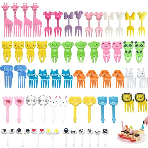 Forbabe 60 Tenedores de Fruta con Forma de Animal Tenedores de Fruta Para Niños Mini Palillos de Frutas con Dibujos Animados Para Postres Meriendas Loncheras y Fiestas de Cumpleaños | Accesorios Postres Té de la tarde Fiambreras Fiestas de cumpleaños