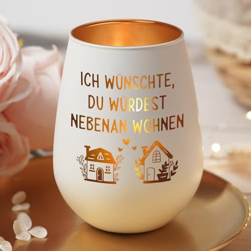 Craftique Freundin Geschenk - Windlicht - ICH WÜNSCHTE, DU WÜRDEST NEBENAN WOHNEN, Geburtstagsgeschenk für Frauen, Geschenk Beste Freundin Geburtstag, Geschenkideen Schwester Kollegin