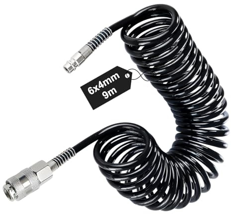 LNSYSNS Tuyau Compresseur D'air max 8 Bar, 4 x 6 mm Flexible Compresseur Air avec Connecteur 1/4, 9 m Tuyau Pneumatique, Noir, pour Alimentation en Air Comprimé
