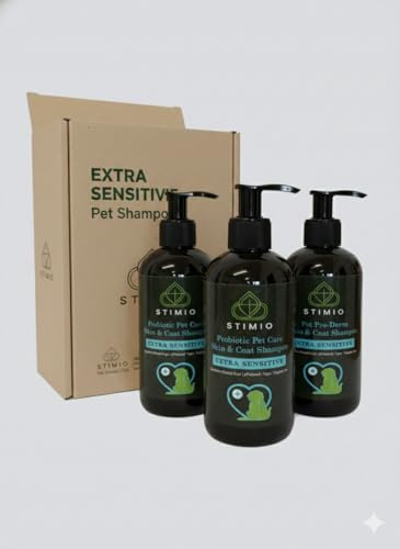 Stimio Förvaringspaket 3 × 250 ml – hundschampo extra känslig – pH-mild, vegansk formel, parfymfri, mild rengöring med växtextrakt (lind, björk, damrock) – för känsliga hundar och valpar
