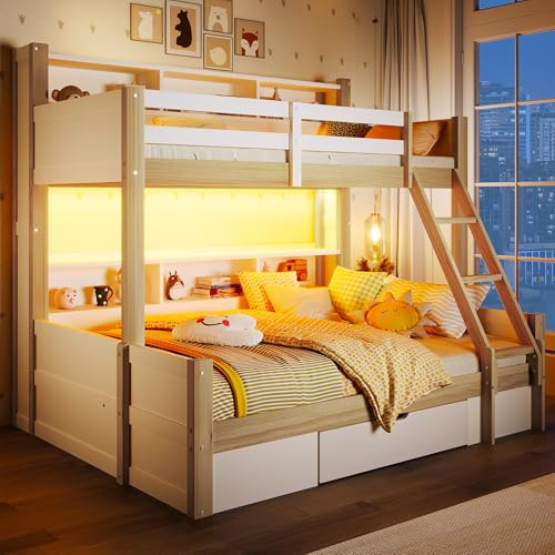 Ktipm Litera de 90(140)x200 cm con Luz LED y Compartimentos Abiertos, Cama Litera Matrimonio con Cajón y Escalera, Cama Infantil Literas Infantiles con Barandilla Anticaída, Sin Colchón,Blanco+Natural
