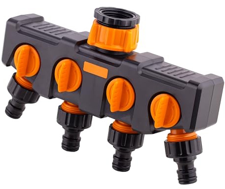 MIVOS Distribuidor de 4 Vías para Grifos con Rosca exterior de 3/4“ y 1“ - Distribuidor de Agua de 4 Vías - Divisor para Conexión simultánea - Caudal de Agua