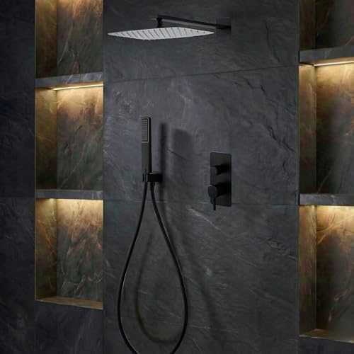 IMEX - Ducha Empotrada Negra Monomando | Conjunto de Grifería Empotrado con Alcachofa y Rociador Antical Efecto Lluvia | Columna Ducha Empotrada con Grifo en Latón y Acero Inox S.304 | Serie Toscana
