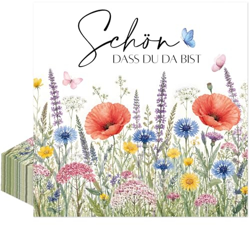 Afritee Geburtstag Servietten Schön Dass Du Da Bist, 20 Stück Blumen Schmetterlinge Geburtstag Papierservietten Tischdeko Tischdekoration für Kommunion Hochzeit Taufe Frühling Ostern Birthday, 33x33cm