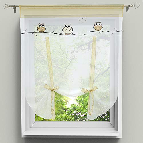 HongYa Raffrollo Bindegardine Eule Bestickte Küche Gardine Transparenter Vorhang Voile mit Tunnelzug H/B 120/80 cm Sand