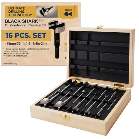 Fisch FSA-375005 - Juego de 16 brocas Forstner de tiburón negro, caja de madera personalizada, incluye brocas de 15 mm hasta 35 mm y acero forjado de 1/4 pulgadas hasta 2 pulgadas de diámetro,