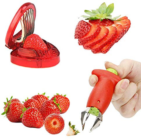 Strumento Fetta di Fragola, Strawberry Huller, Rimuovi Pomodoro, Affettatrice di Fragole Acciaio Inossidabile, per la Lavorazione Della Frutta in Cucina, Taglio Della Fragola (Rosso)