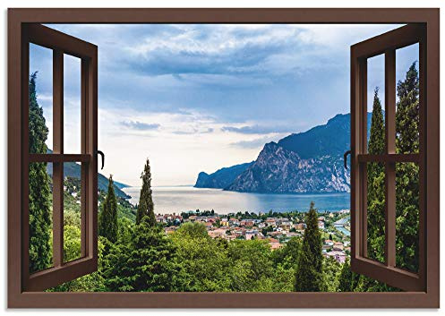 ARTland Wanddeko Wandbild Alu Verbundplatte für Innen & Outdoor Bild 130x90 cm Querformat Fensterblick Gardasee Landschaft See Natur Berge Italien U1TU