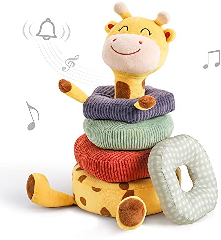 TUMAMA Jouet Doux pour Bébé, Girafe Empilable avec Hochet Sonore, Peluche Éducative, Jouet d'Éveil et de Développement - Cadeau pour Garçons et Filles