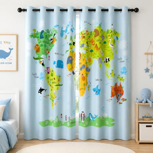 YONGFOTO Tende Oscuranti Mappa del Mondo Animali per Cameretta Bambino | Azzurro Baby Animali del Bosco Avventura Safari Tende Termiche per Camera da Letto con Occhielli 2 Pannelli 117 x 138 cm