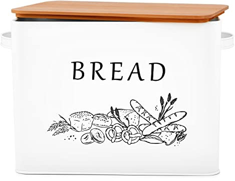 E-far Bread Box for Kitchen Countertop, Metal Bread Storage Container Bin with Bamboo Lid for Cutting Bread, Extra Large & Farmhouse Style, 13” x 7.2” x9.8”, White