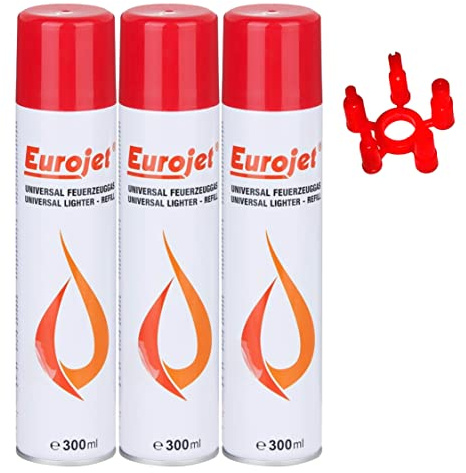 EUROJET Feuerzeuggas zum nachfüllen 3 x 300ml Nachfüllflasche Nachfüllgas Kartusche mit Adapter Feuerzeug Gas für Küchenbrenner Flambierbrenner