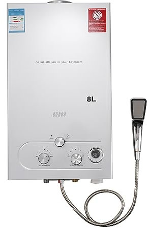 Lfhelper LPG Tankless Hot Water Heater, 8L 16KW Tankless Propane Gas Water Heater for Home Shower Camping Pet Washing Horse Shower Silver