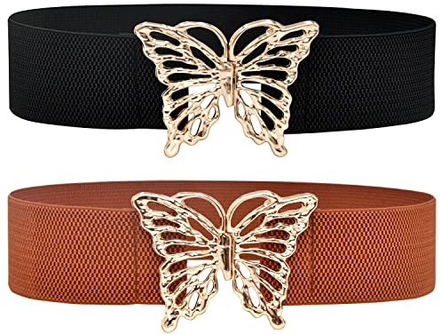 DUOXIN 2 Stücke Breit Elastischer Gürtel für Frauen, Breiter Elastische Gürtel Taillengürtel Damen Mode Ledergürtel mit Schmetterling Legierung Schnalle (Schwarz/Braun)