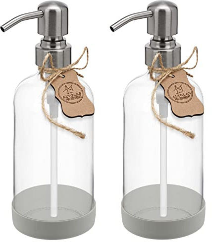 ALTGLAS Glas Seifenspender 'Sarajevo' mit Edelstahl Pumpkopf + Untersetzer | Silber / Klar Glas • 2x 500ml • Grauer Silikon Untersetzer • mit 8 selbstklebenden Etiketten • Plastikfreie Verpackung