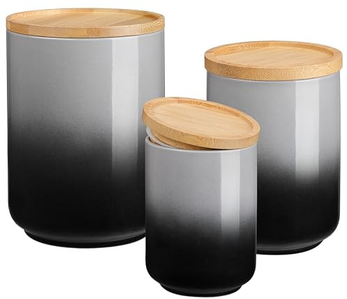LOVECASA Canister Sets for Kitchen, Ceramic Food Storage Canisters for Countertop with Airtight Wood Lids, Flour and Suger Containers for Coffee, Tea,Spice,Cereal 80/40/20 OZ, Set of 3