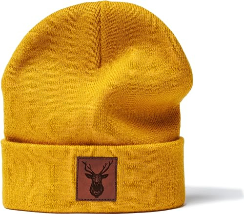 minifan Outdoor Strickmütze: Hirsch Leder Emblem - Mütze für Jäger Jagd Jäger-Mütze Wintermütze Beanie Mütze Damen & Herren Förster Outdoor Mütze Männer Geschenk