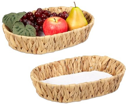 Relaxdays Set 2 Fruteros, Fibra de Jacinto de Agua, Cuencos Ovalados para Frutas o Pan, 7x33x22 cm, Estilo Boho, Natural, Vegetal