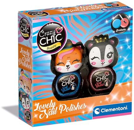 Clementoni - Crazy Chic-Lovely Nail Polishes: Panther and Fox-Kit 2 Colours, Nail Polishes for Girls 6 Years, Nail Decoration, Non-Toxic, Water-Based, Removable, Acetone-Free, Multicoloured, 18811