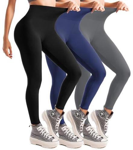 Leafigure Leggings Damen High Waist, Leggins Blickdicht für Sport Gym Yoga 3er Pack Schwarz/Navyblau/Grau S-M