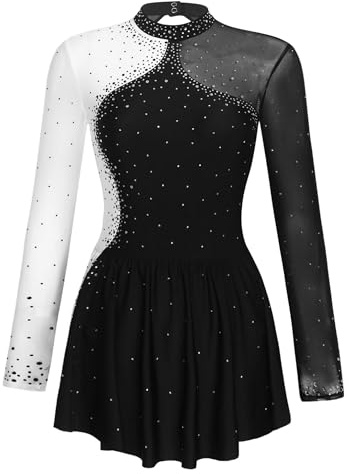 Aiihoo Damen Eiskunstlauf Kleid Langarm Glitzer Tanzkleid Ballettkleid mit Strass Ballett Rock Tanz Kostüm Ballettkleidung Schwarz S