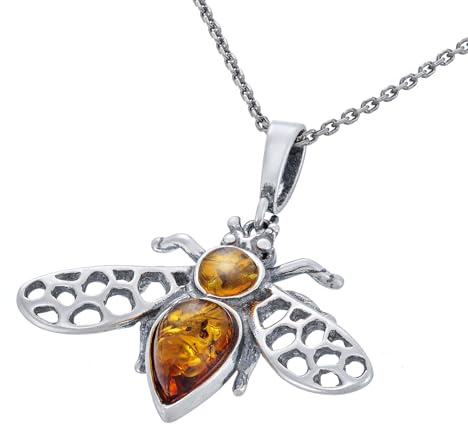 AMBEDORA Collana da donna Ape 2 con ambra, in argento sterling ossidato, ambra baltica color cognac, ciondolo in argento con catena, Argento sterling, Ambra