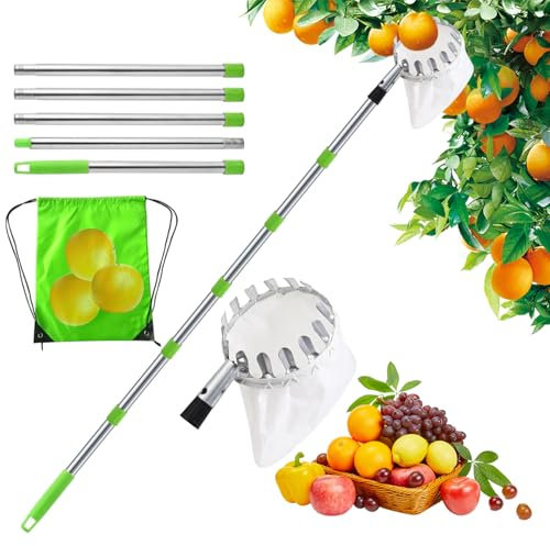 RCYHCY 2M Obstpflücker mit Teleskopstiel, Apfelpflücker Diameter 16 cm, Obstpflücker für Kirschen mit Baumwollbeutel, Pflaumenpflücker mit Teleskopstiel, Kirschenpflücker für Haus, Obstgarten, Garten