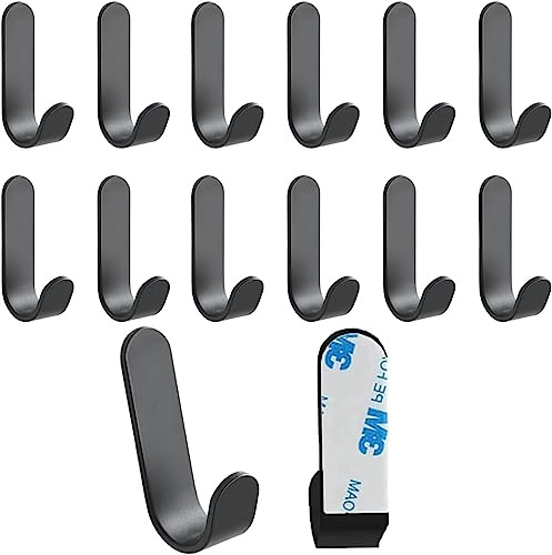 Adhesive Hooks,12 Pcs, Heavy Duty Hold 12Lbs, Stainless Steel Black Wall Hanger, Adhesive Hanger for Hanging, Metal Sticky J Strip Hooks, for Hat, Coat, Picture, Backpack, Garage