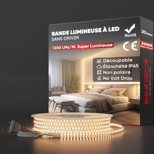 Shine Decor LED Streifen 20m, AC 220V 230V IP65 Wasserdicht LED Band, SMD 2835 120 leds/m Ultrahohe Helligkeit Lichtleiste für Küche Garten LED Beleuchtung (20M, Warmweiß, CE Zertifiziert)