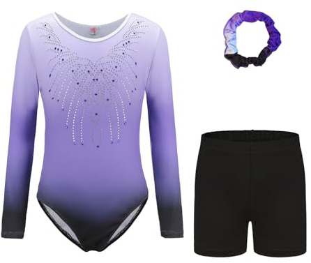 Cucudy Gymnastics Leotards Set For Girls - Long Sleeve & Sleeveless Leotards with Shorts and Headband Gradient Color Sparkling Ballet Dancing Unitards Gymnastics Outfit for 5-12 Years